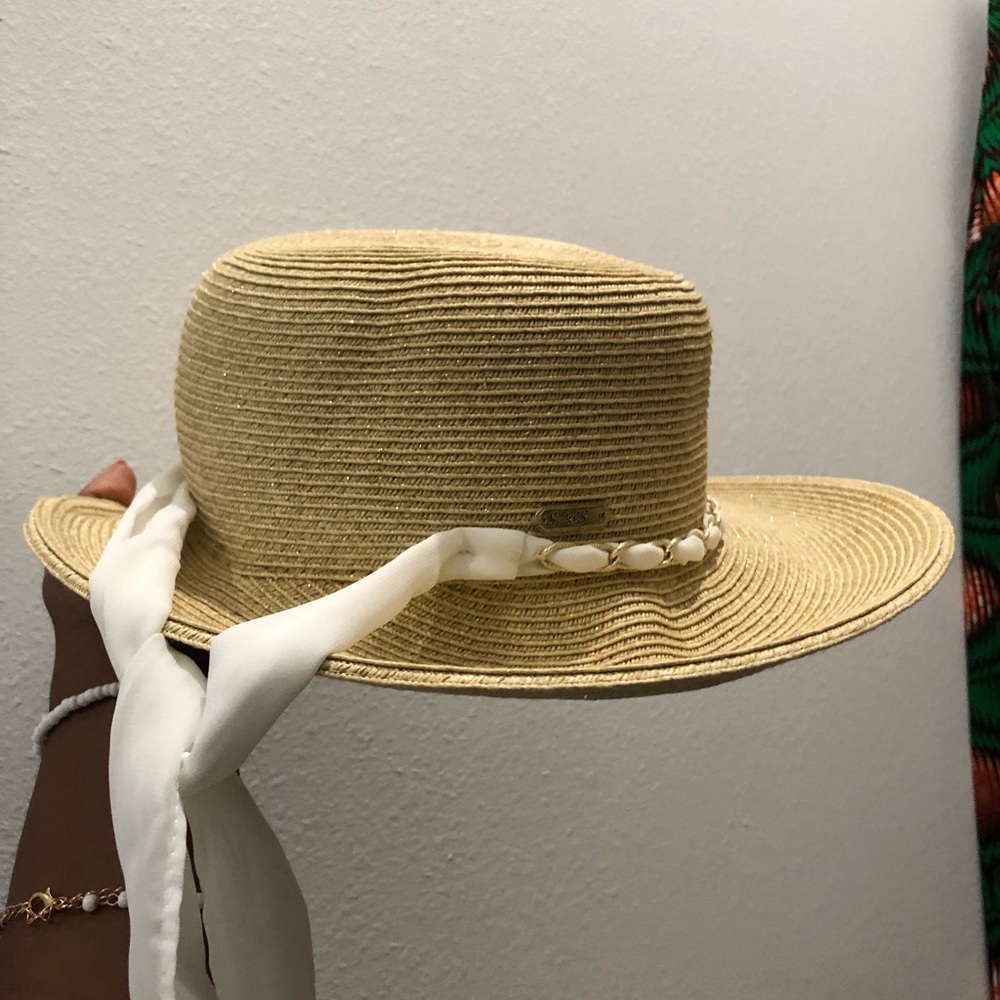 Elegant Tan Straw Hat with White Ribbon UPF 50+ Protection